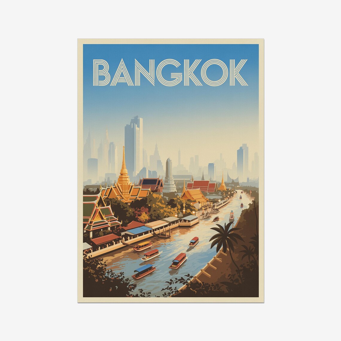 Bangkok Thailand Grand Palace and River Boats Vintage Travel Poster