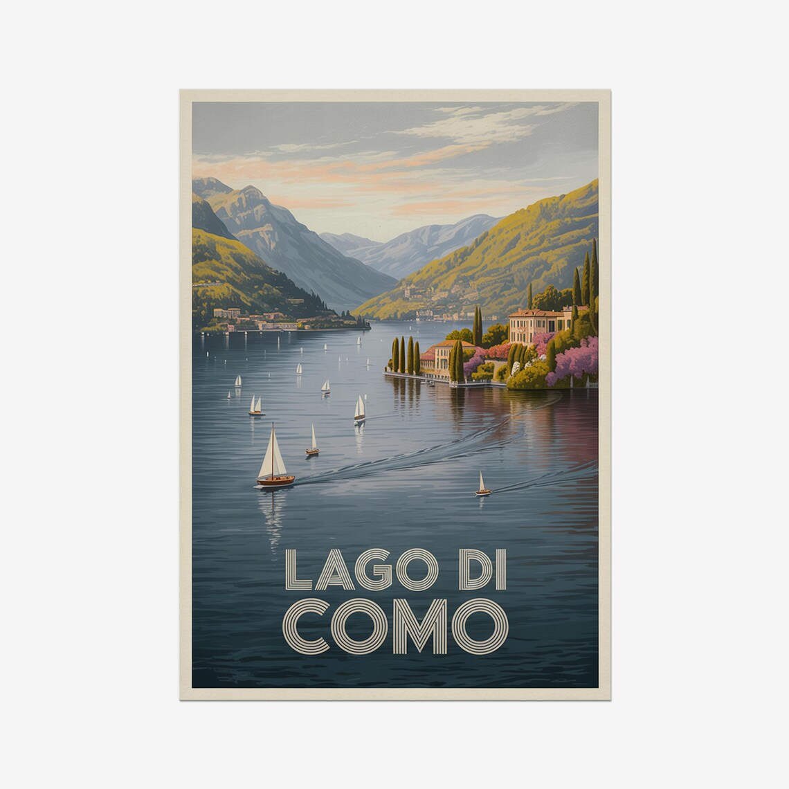 Lago Di Como Italy Sailboats Lakeside Villa Vintage Travel Poster