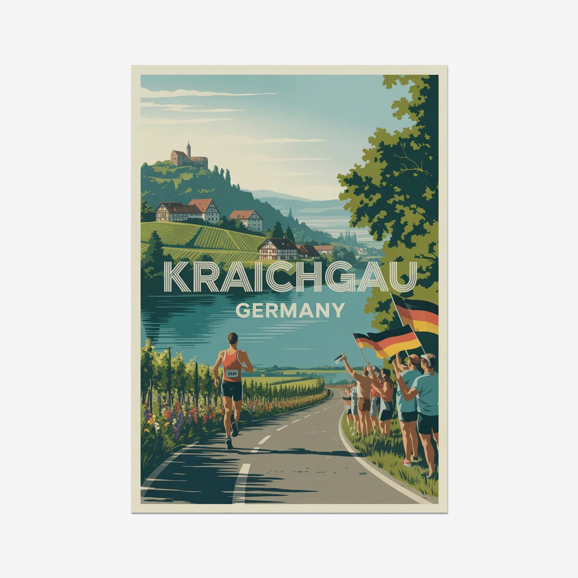 Kraichgau Germany Vintage Triathlon Run Cheering Crowd Poster