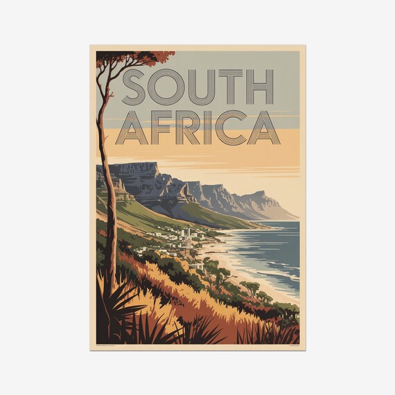 South Africa Table Mountain Coast Cape Vintage Safari Travel Poster