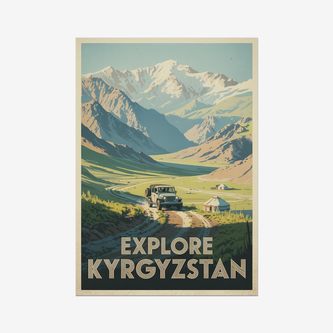 Explore Kyrgyzstan Snowy Mountains Jeep Yurt Adventure Travel Poster