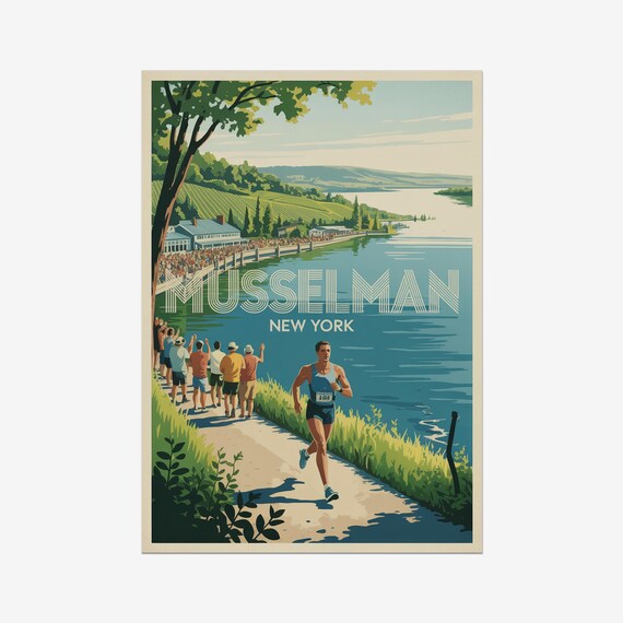Musselman New York Vintage Triathlon Run Race Crowd Art Poster
