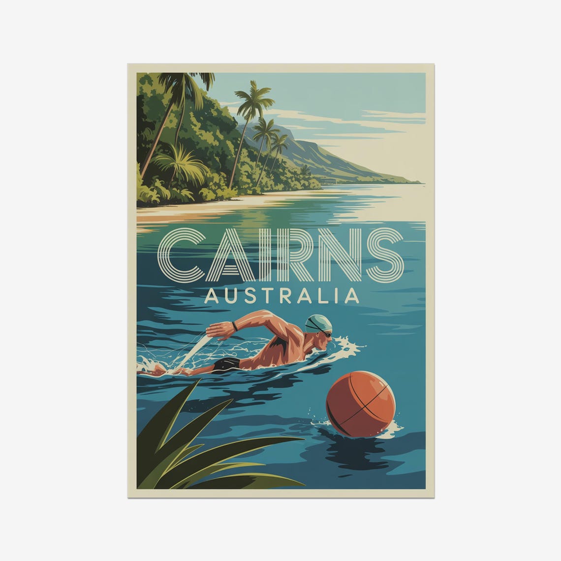 Cairns Australia Open Water Swimmer Buoy Vintage Sports Poster