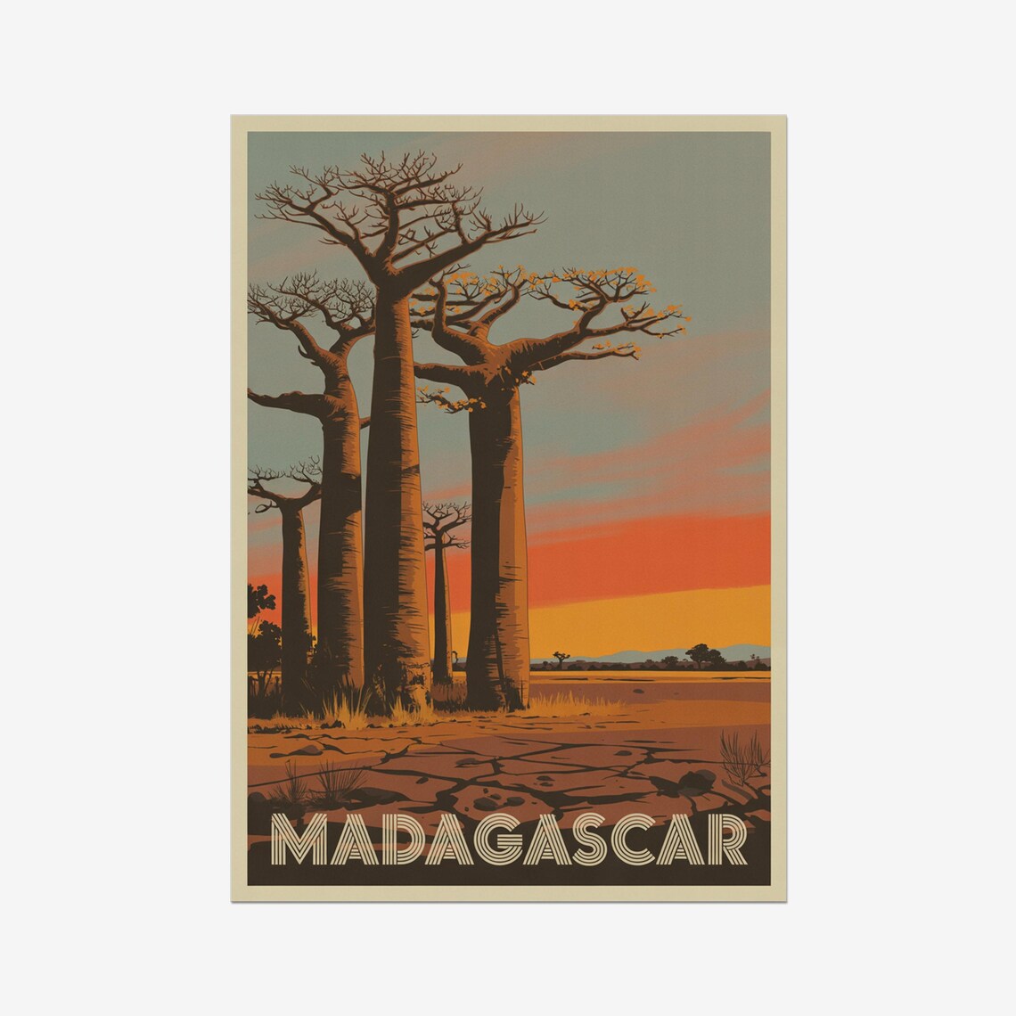 Madagascar Baobab Trees Vintage Travel Poster African Sunset Scene