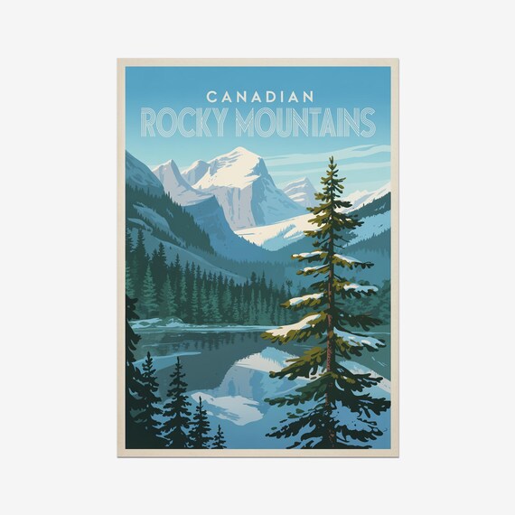 Canadian Rocky Mountains Snow Peaks Alpine Lake Retro Travel Poster