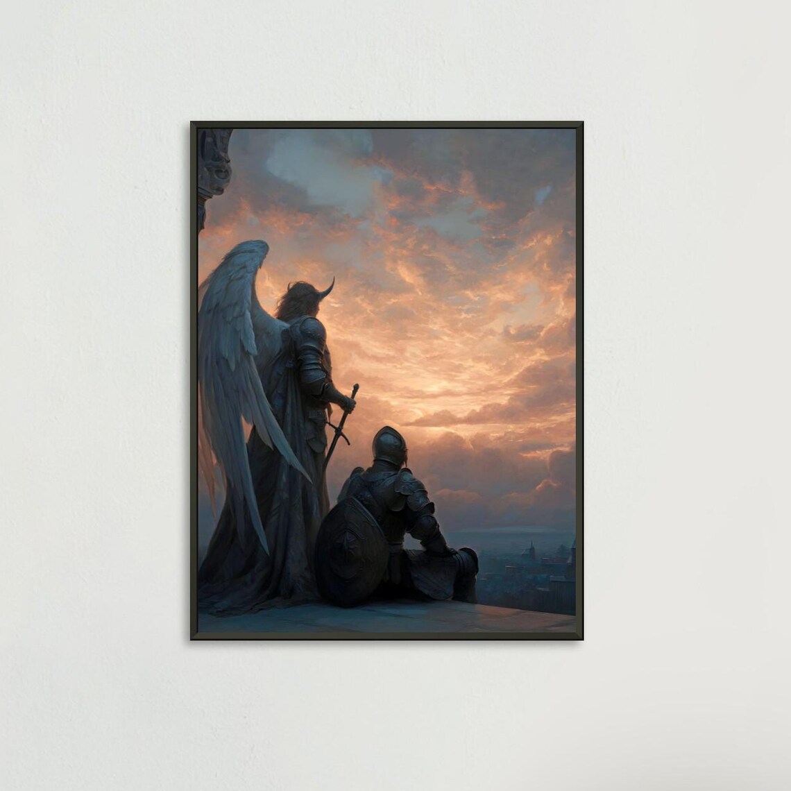 Knight and Angel Sunset Vigil Dark Fantasy Oil Painting Poster