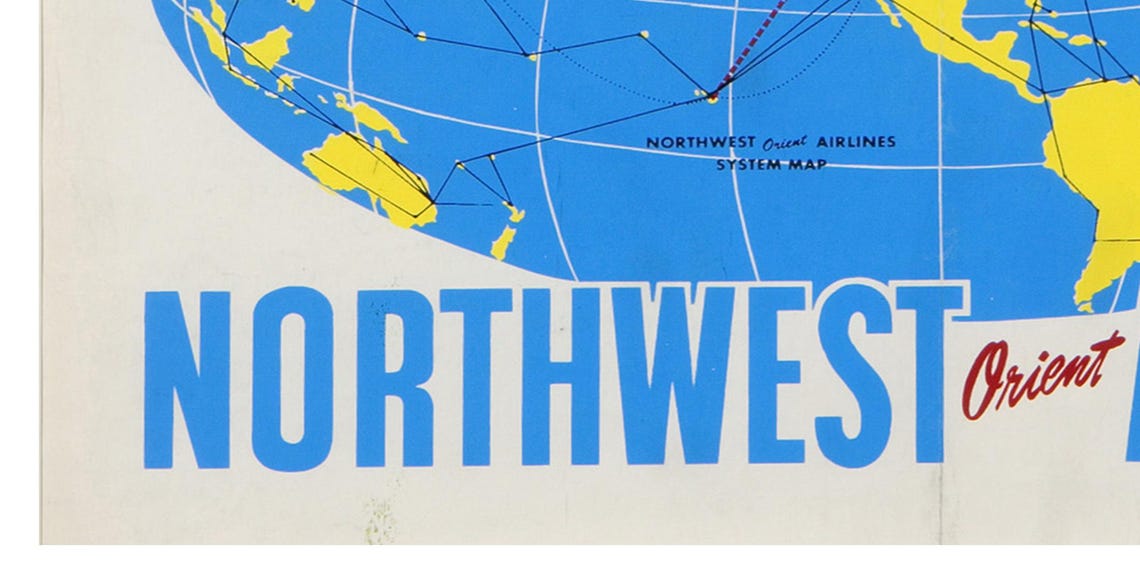 Vintage Japan Northwest Orient Airlines Travel Poster Temple And Globe - Image 2