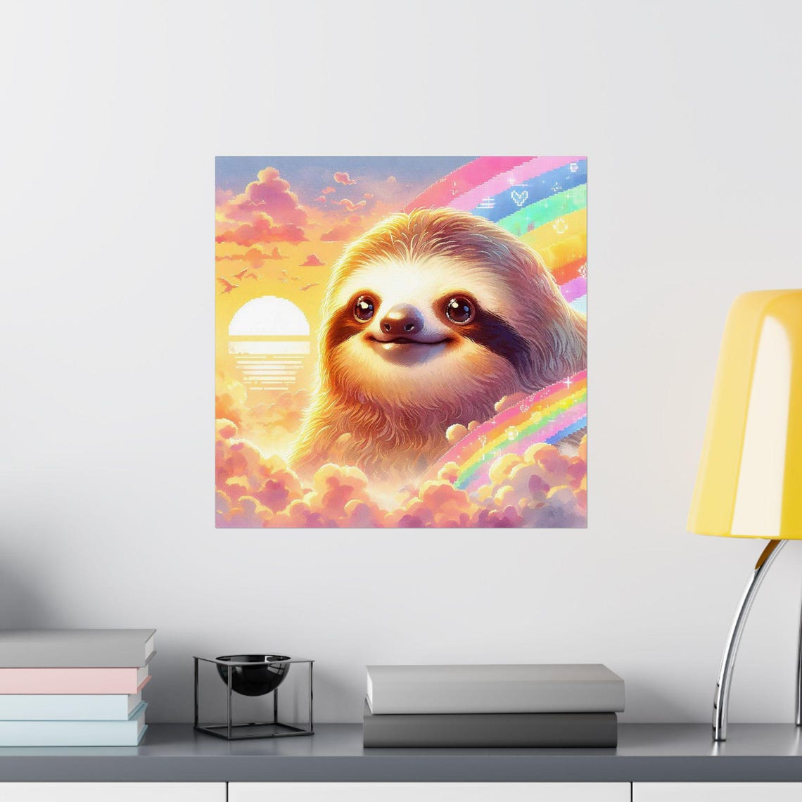 Smiling Sloth under Rainbow Sunset Sky Funny Animal Art Poster - Image 2