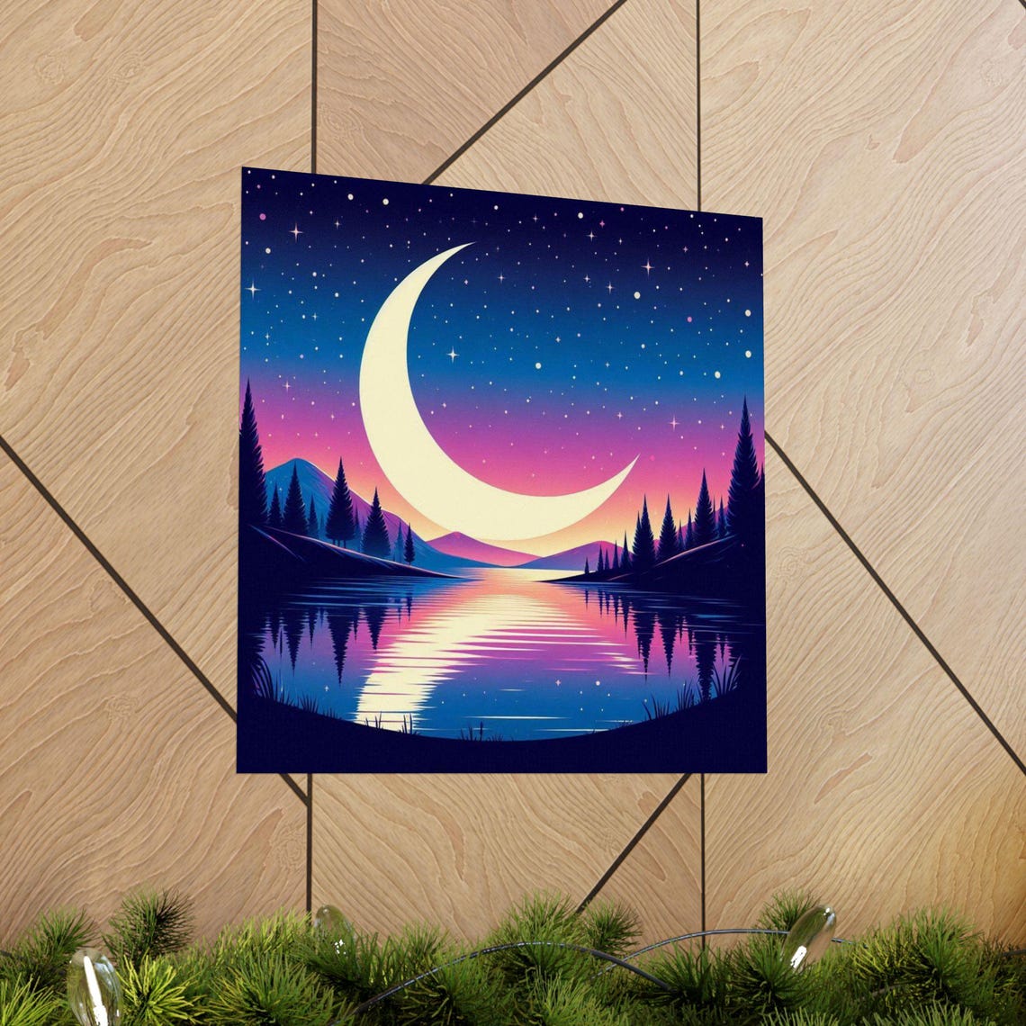 Giant Crescent Moon Rising Over a Still Mountain Lake Poster - Image 5