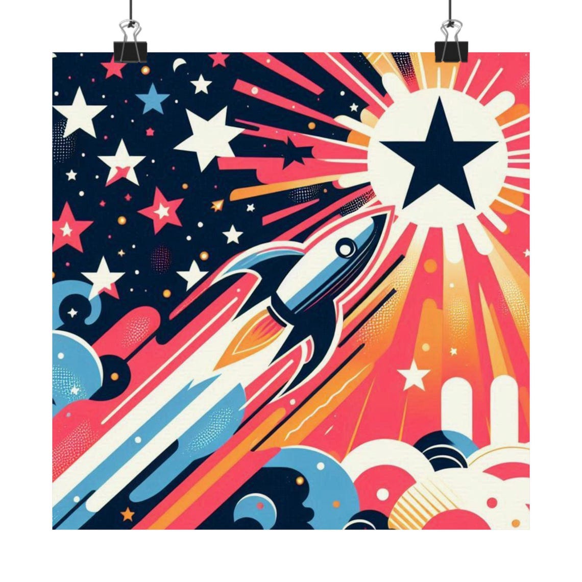 Vintage Retro Rocket Launching Toward a Big Star Pop Art Poster