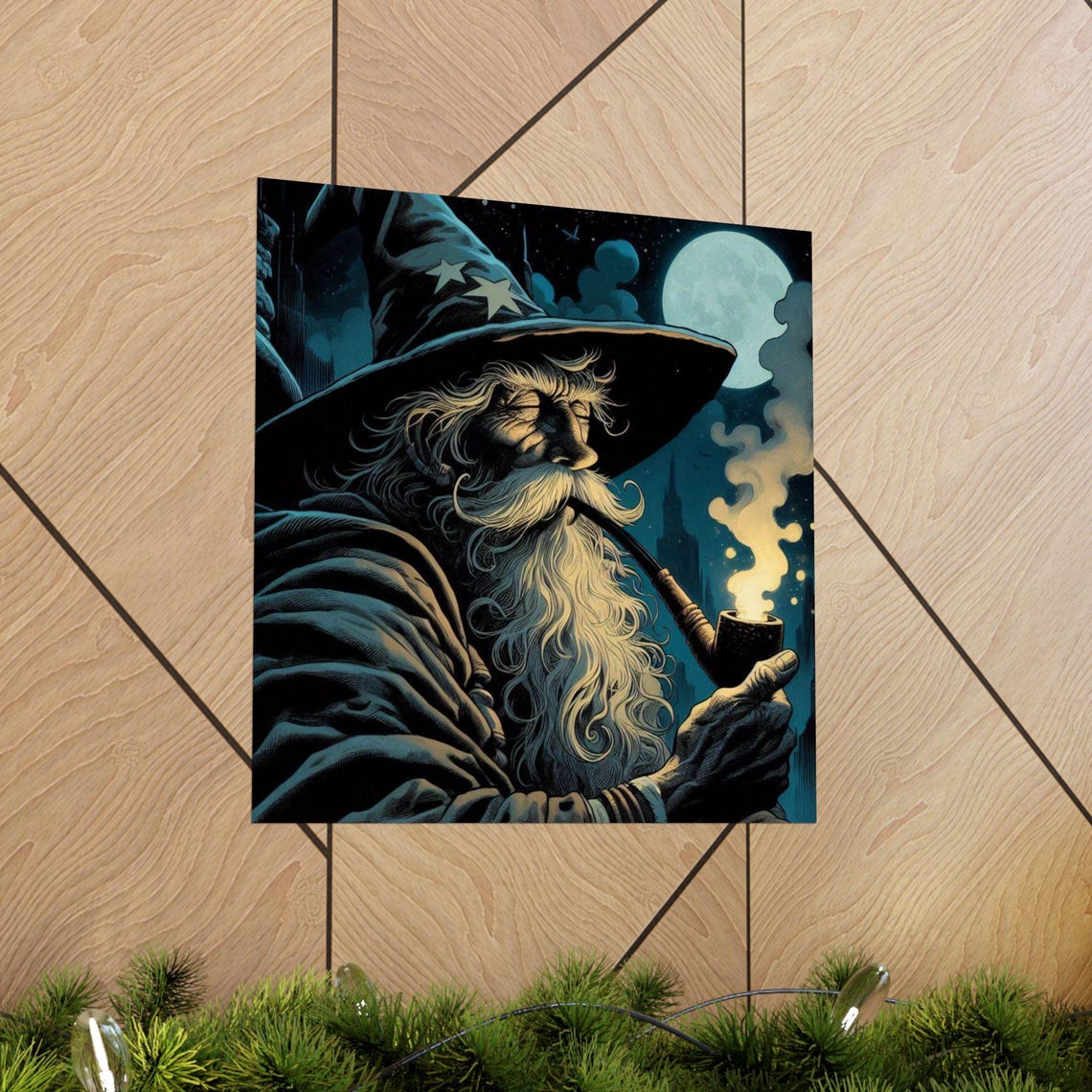 Wise Old Wizard Smoking a Pipe Under a Full Moon Night Poster