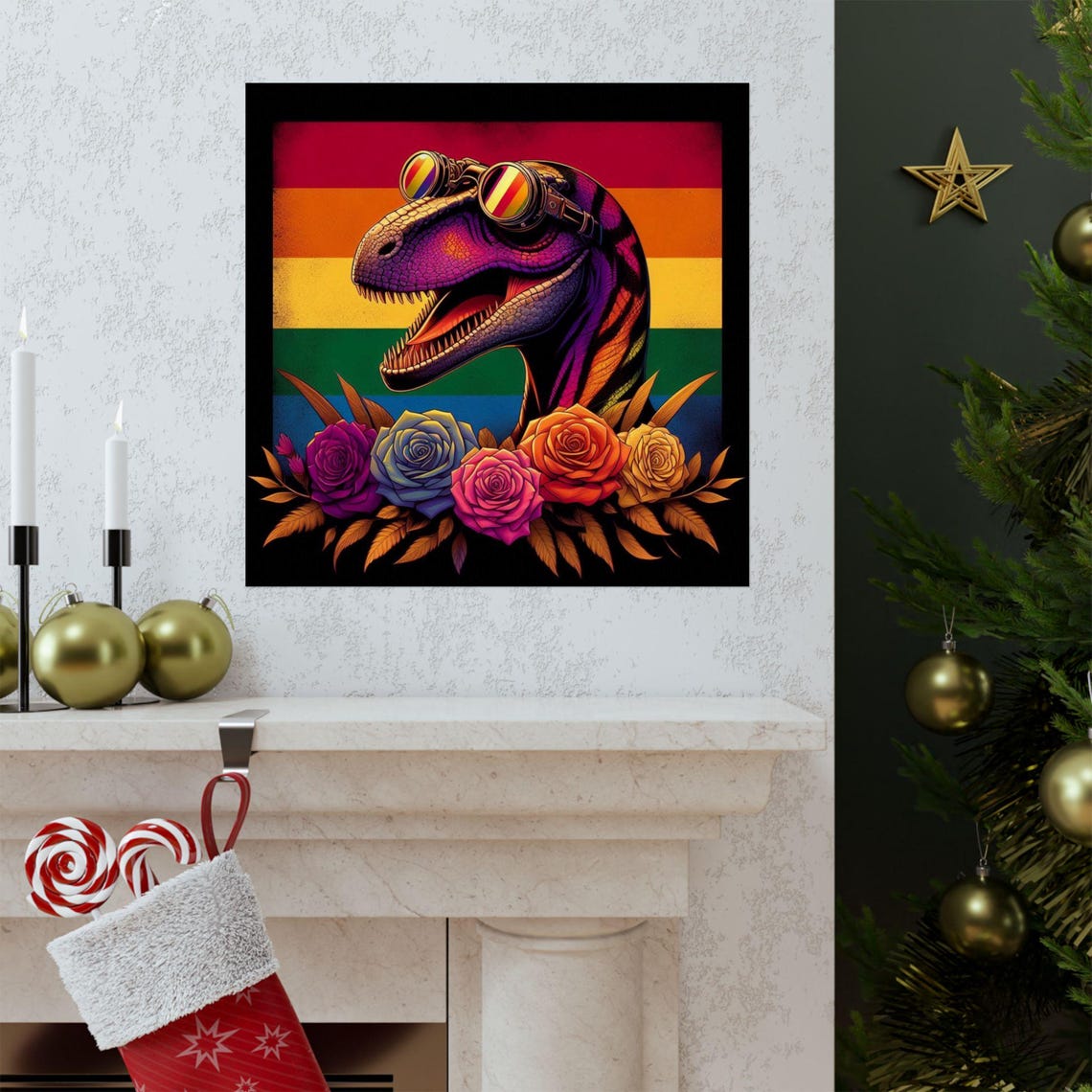 Psychedelic Rainbow Raptor Dinosaur with Goggles and Roses Poster - Image 3