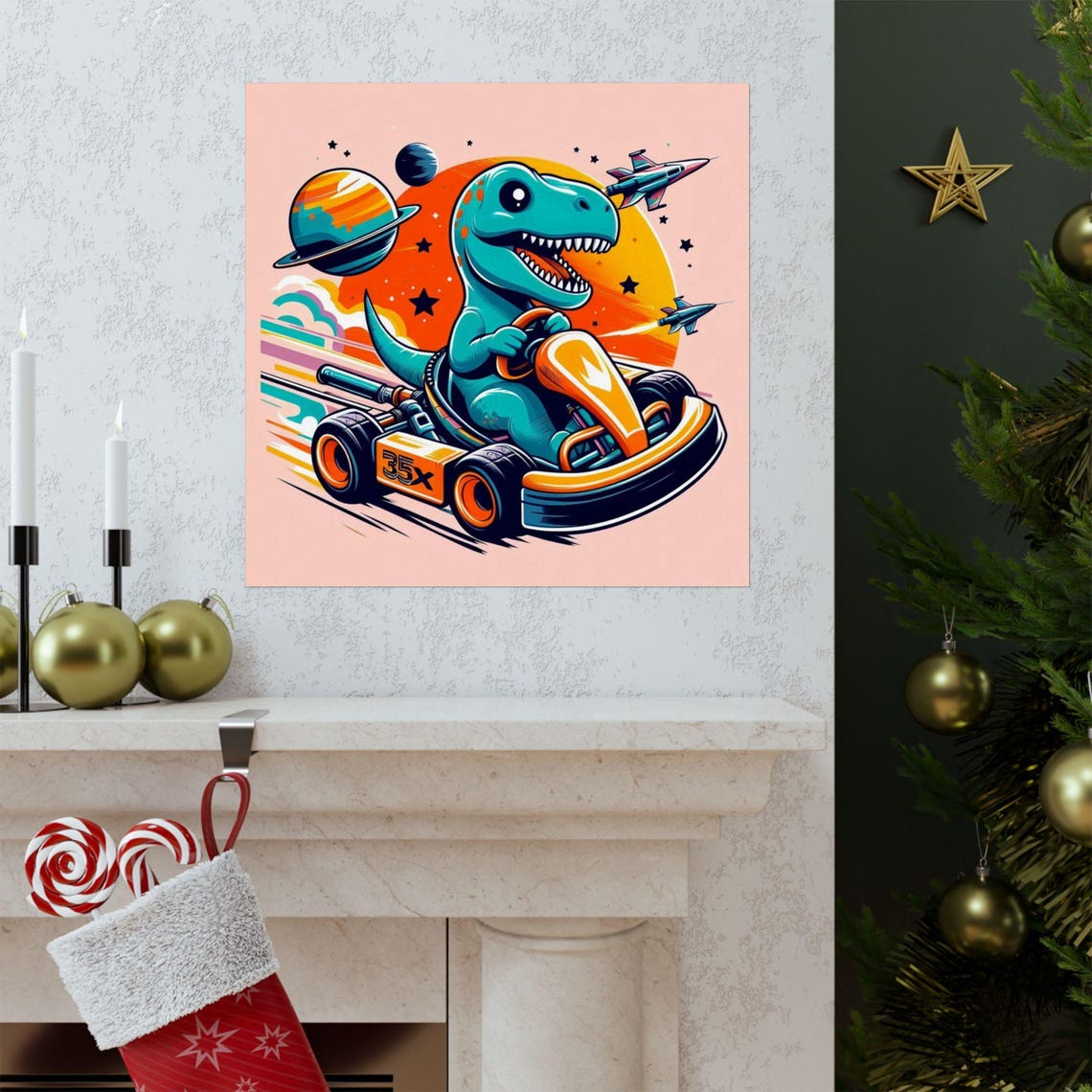 Cheerful Dinosaur Racing a Go Kart Through Outer Space Art Poster - Image 3