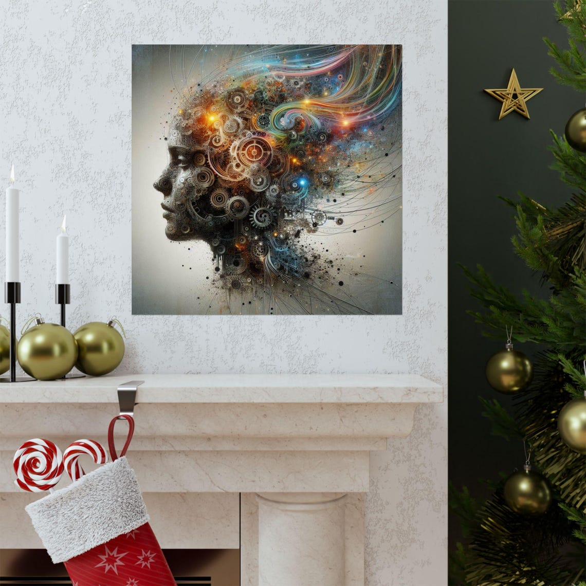 Surreal Steampunk Human Head Profile with Gears and Cogs Poster - Image 3