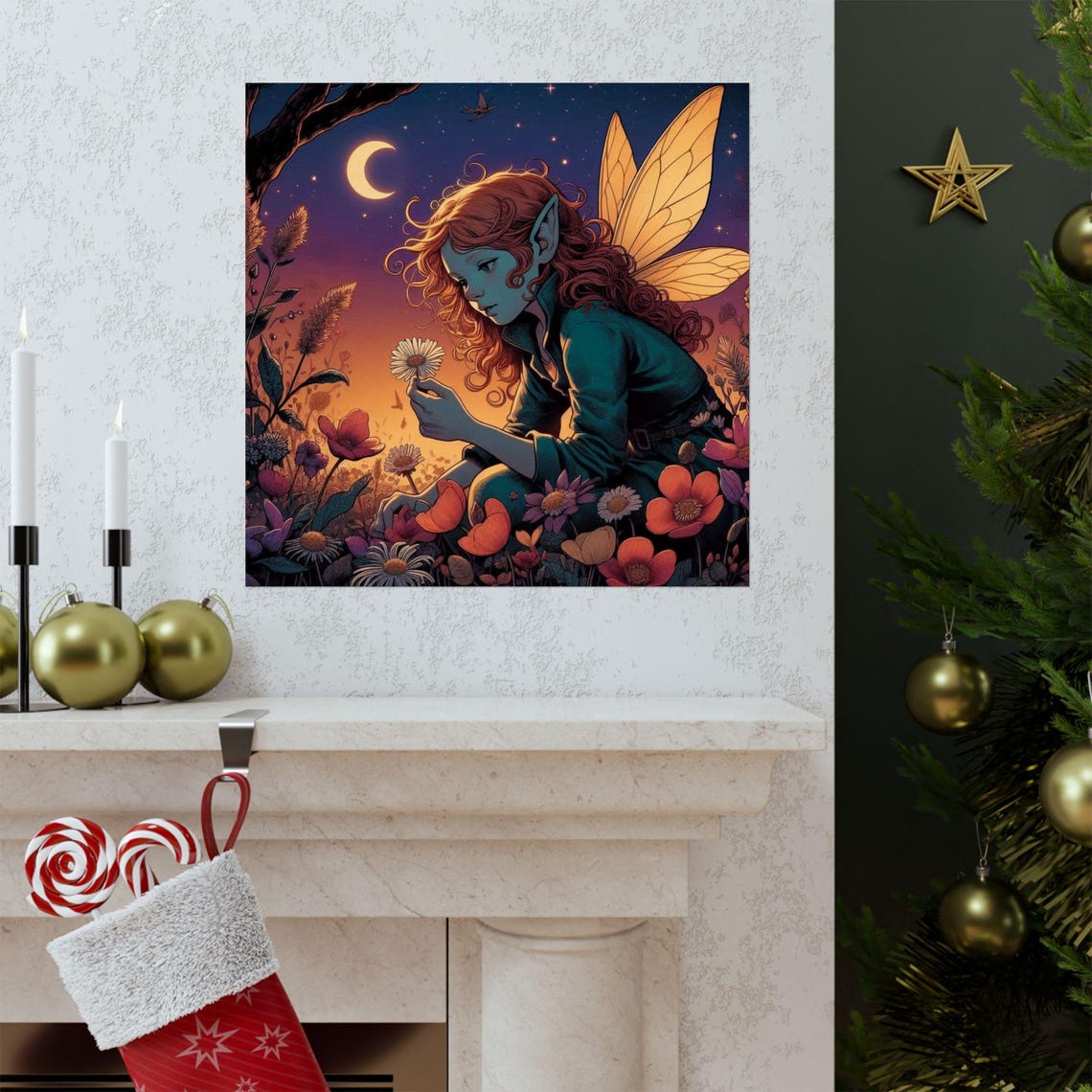Red Haired Fairy Holding a Daisy Under a Crescent Moon Poster - Image 3