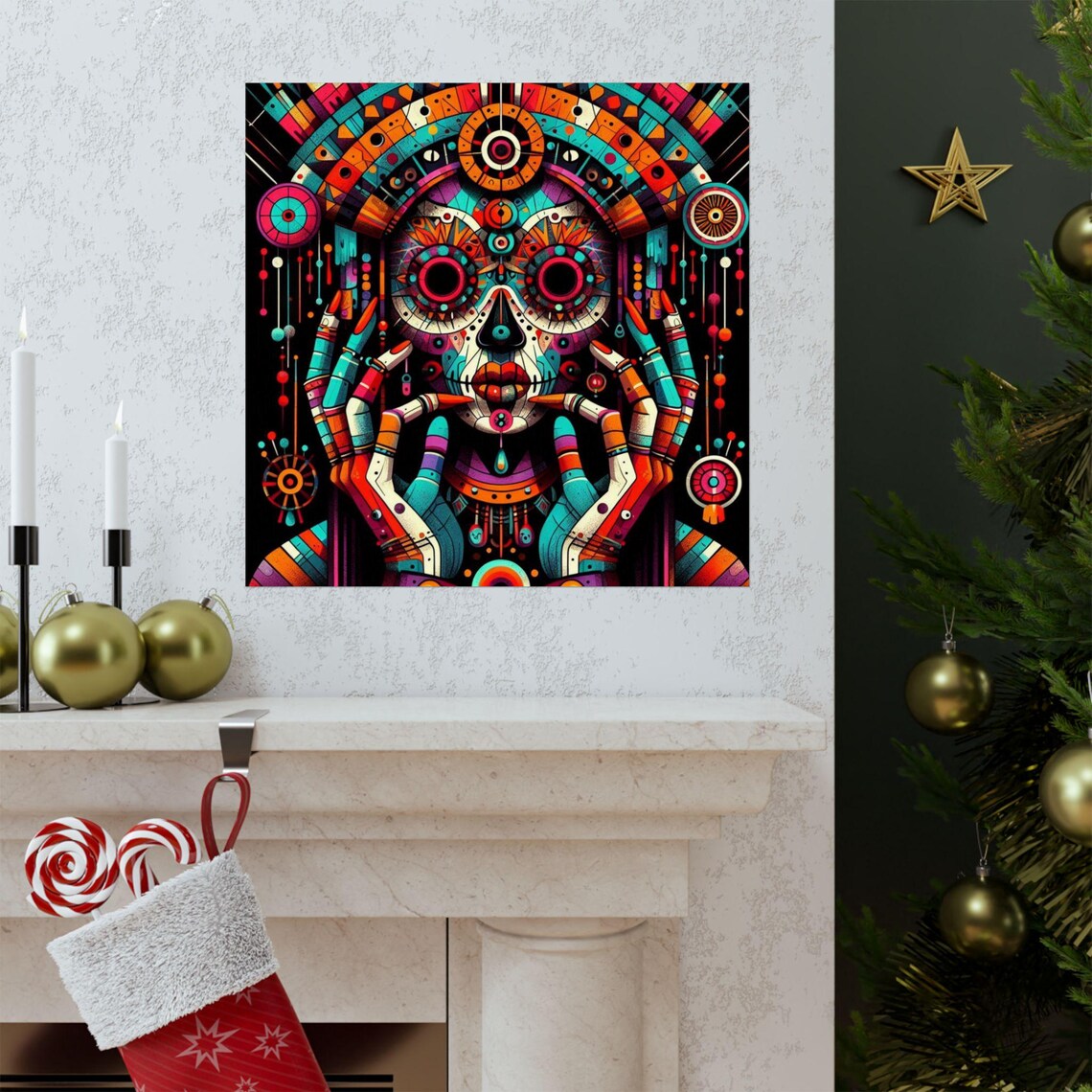 Colorful Day of the Dead Sugar Skull Face Tribal Style Art Poster - Image 3