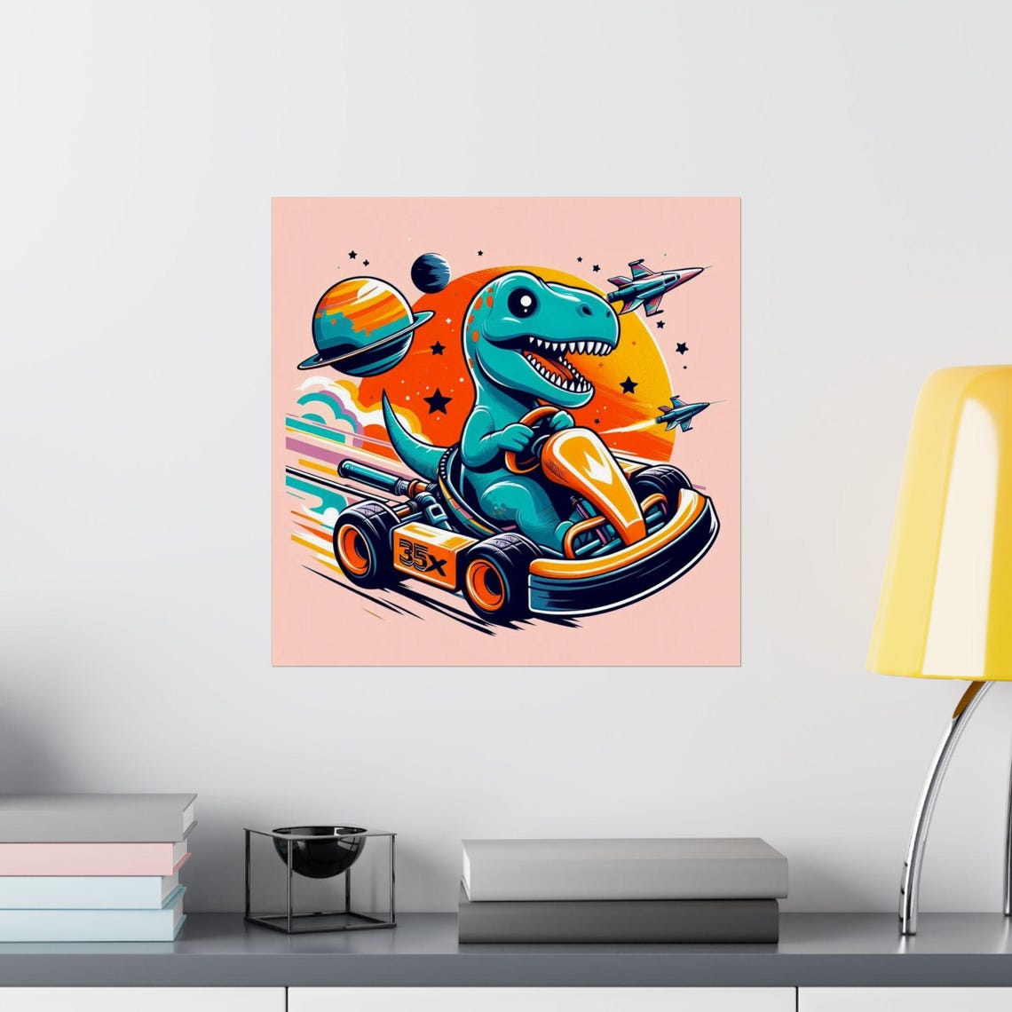 Cheerful Dinosaur Racing a Go Kart Through Outer Space Art Poster - Image 2