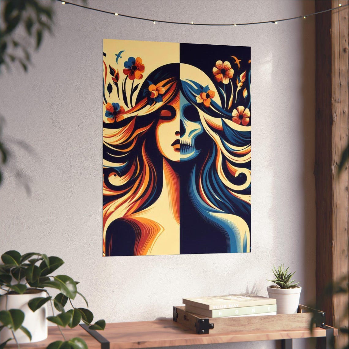Elegant Woman and Floral Skull Split Face Bohemian Art Poster - Image 2