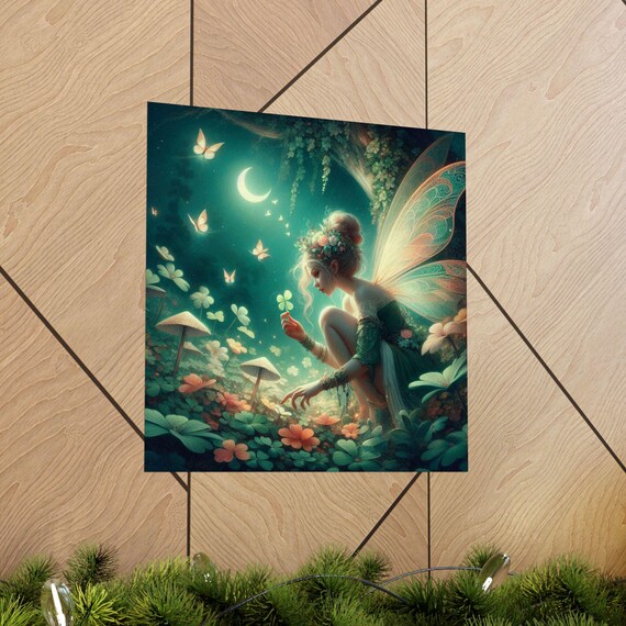 Moonlit Fairy in a Magical Mushroom Forest Night Garden Poster