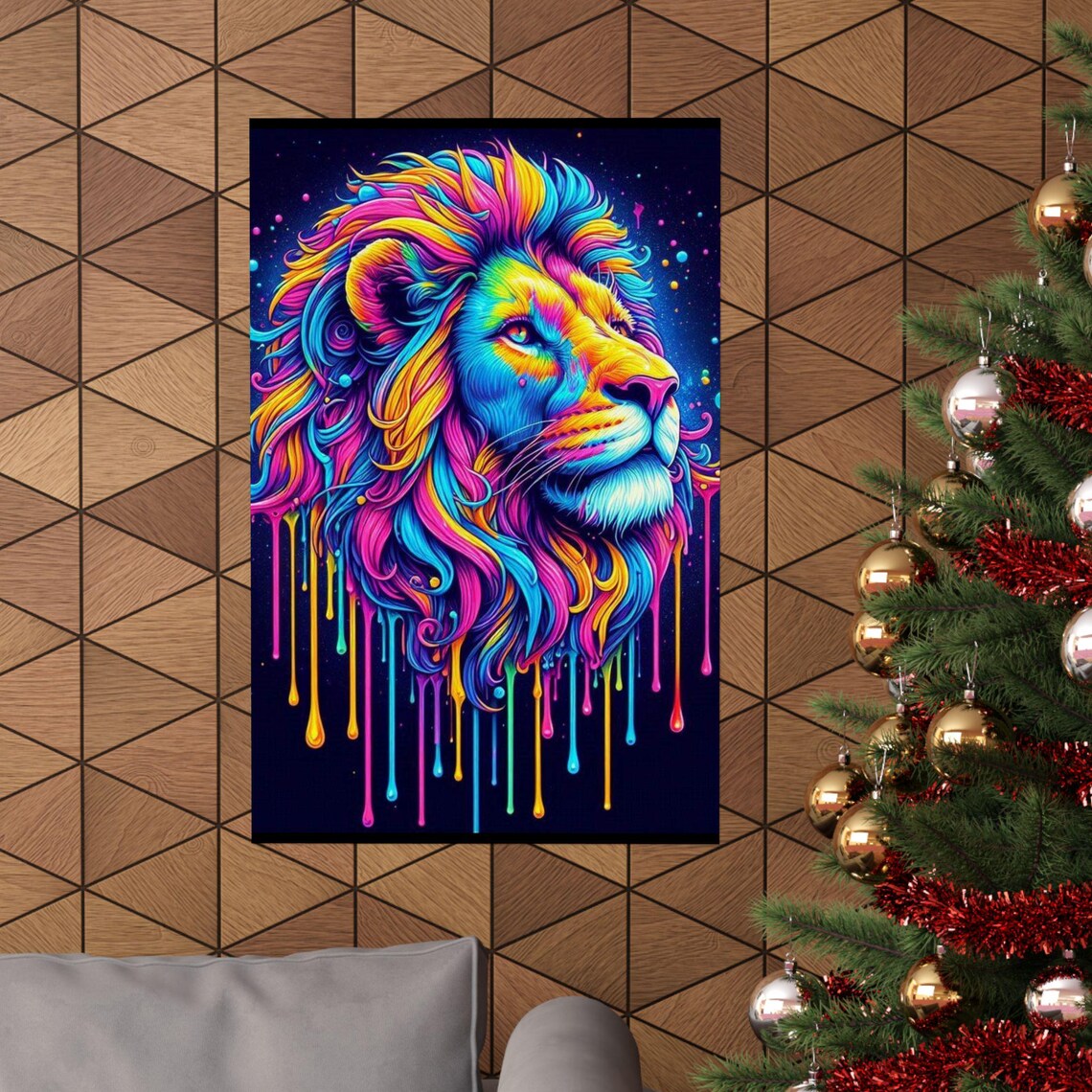 Colorful Lion Head with Dripping Neon Paint on Black Art Poster