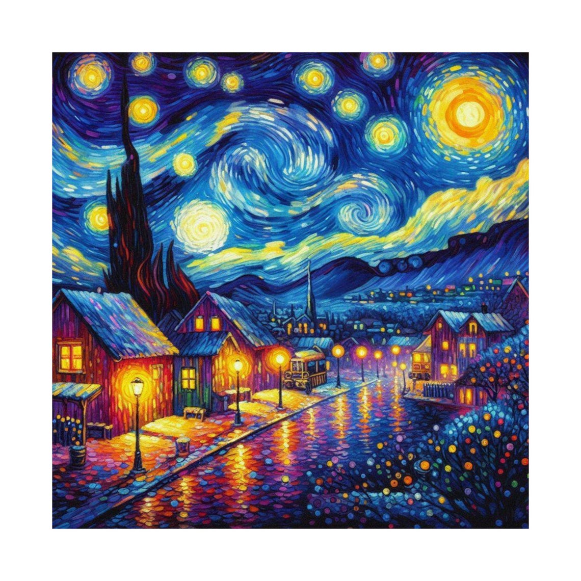 Starry Night Village Glowing Under a Swirling Sky Art Poster - Image 7