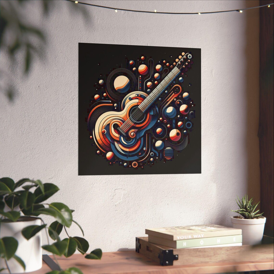 Abstract Acoustic Guitar with Planets Music Art Poster on Black - Image 4