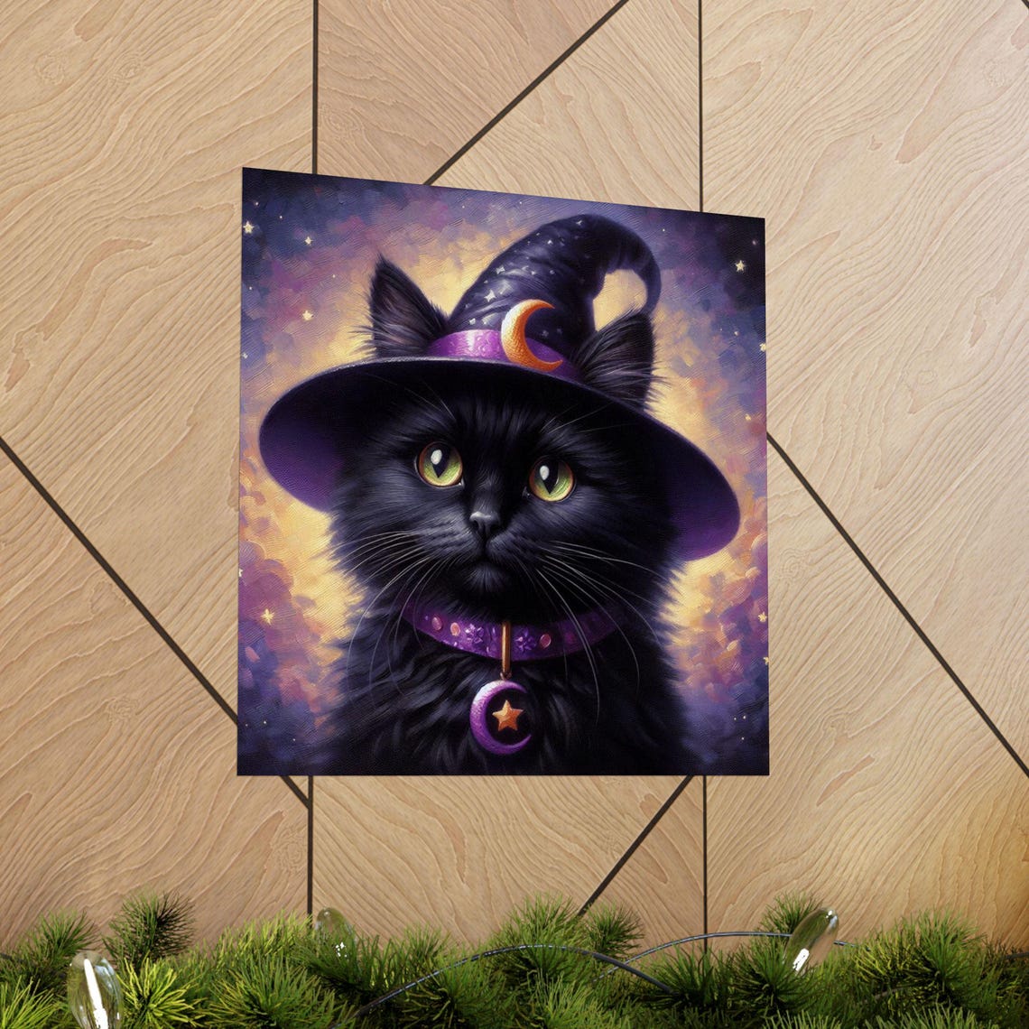 Adorable Black Cat in a Purple Witch Hat Halloween Kitten Poster