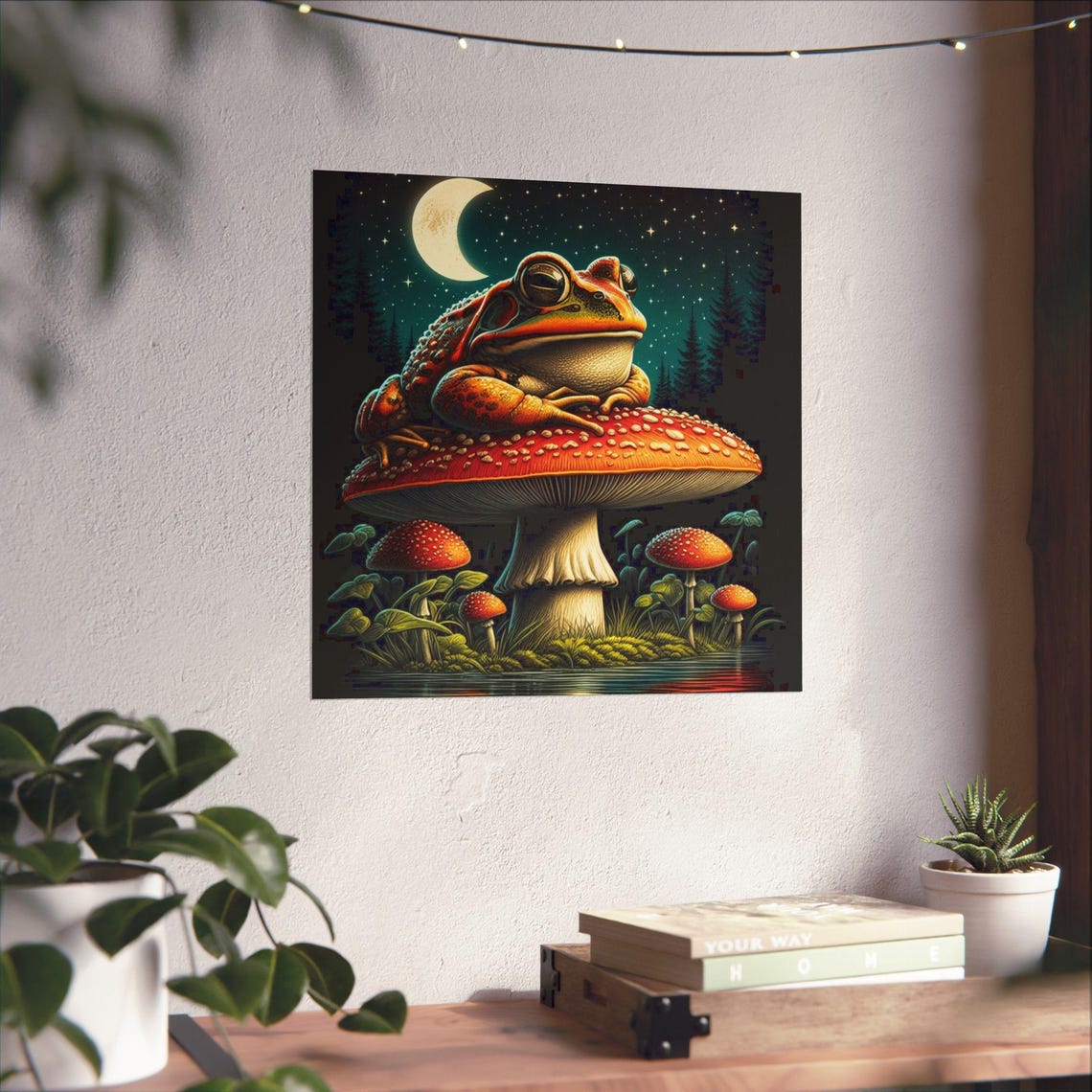 Plump Frog Lounging on a Giant Mushroom Under the Night Moon Poster - Image 4