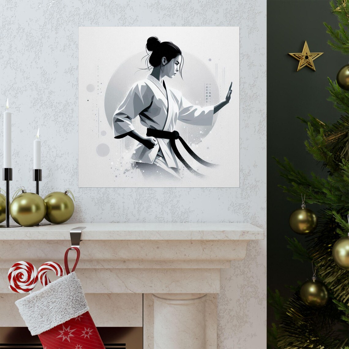 Monochrome Female Martial Artist Black Belt Sports Art Poster - Image 3
