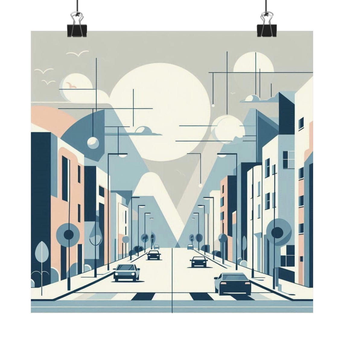 Geometric Minimalist City Street with Cars Pastel Blue Poster - Image 7