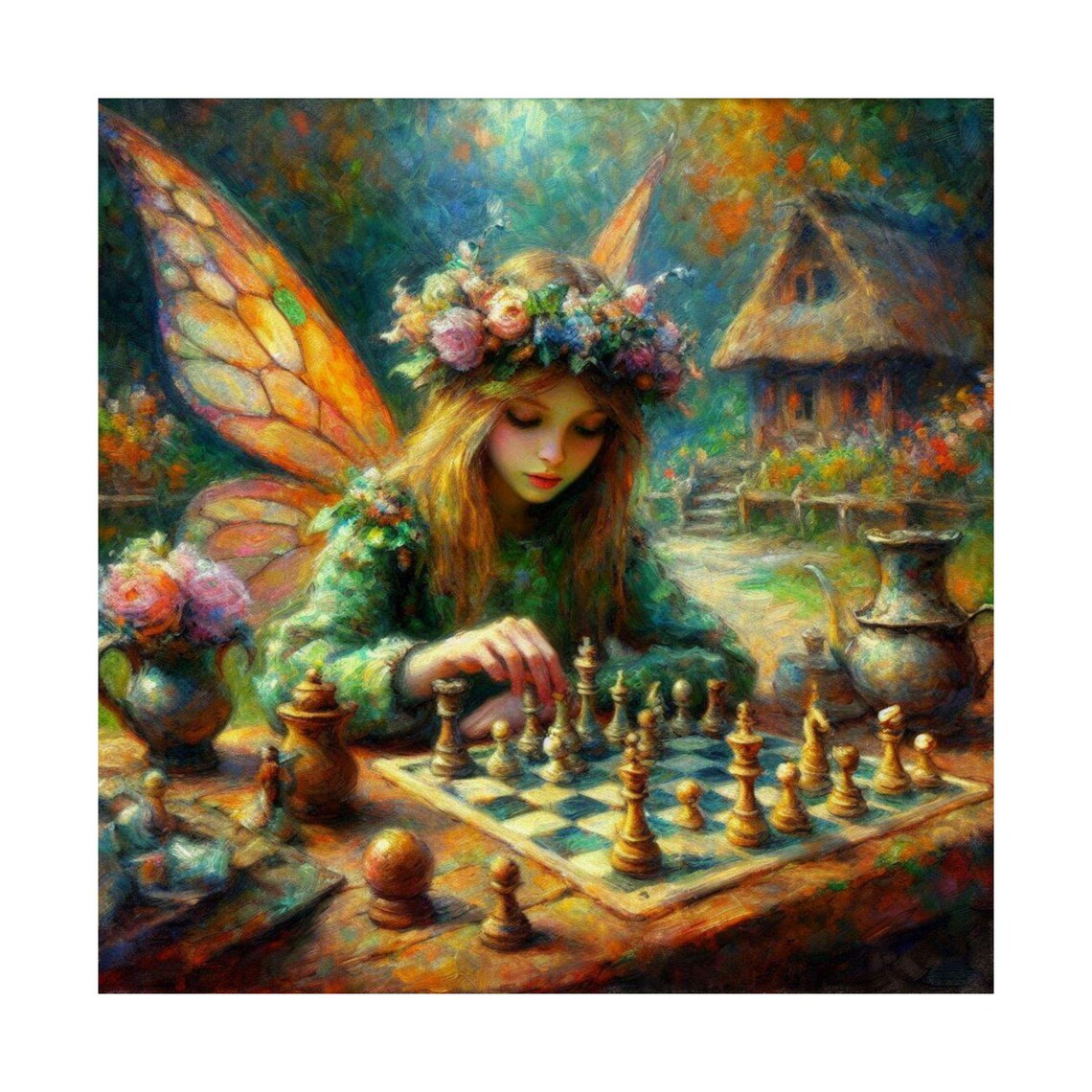 Fairy Playing Chess in Cozy Cottage Garden Fantasy Art Poster - Image 7