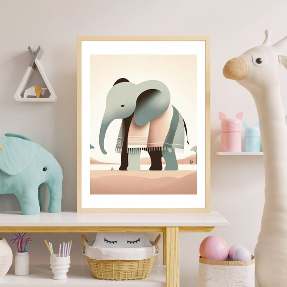 Minimalist Baby Elephant Art Print Modern Nursery Decor Geometric Design Subtle Earth Tones For Calm Space