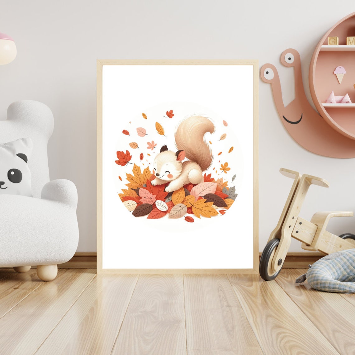Baby Squirrel Autumn Leaves Playful Fall Forest Cute Nursery Wall Art - Image 5