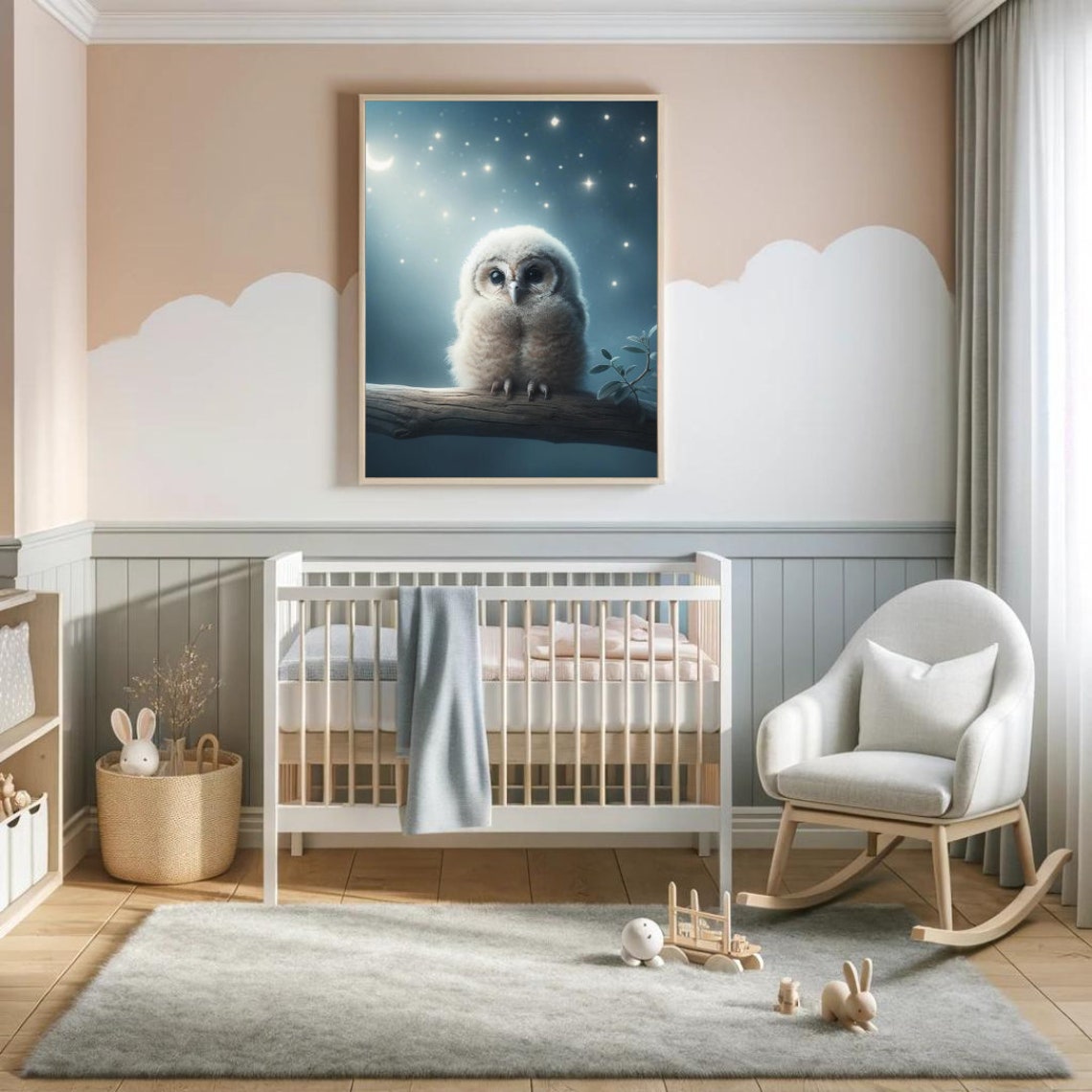 Baby Owl Starry Night Moonlit Branch Soft Blue Nursery Art Print - Image 2