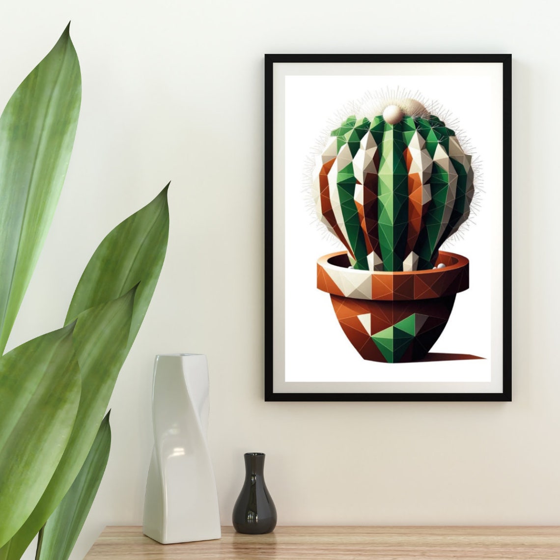 Modern Geometric Cactus Art Print Abstract Polygonal Succulent In Terracotta Pot Dynamic And Bold Decor Piece - Image 2