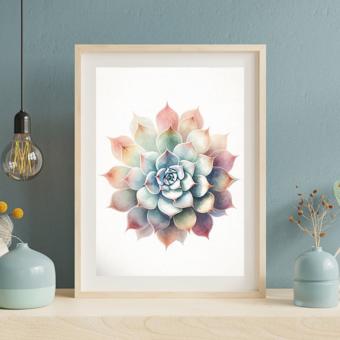 Rainbow Pastel Succulent Rosette Serene Watercolor Botanical Poster - Image 3