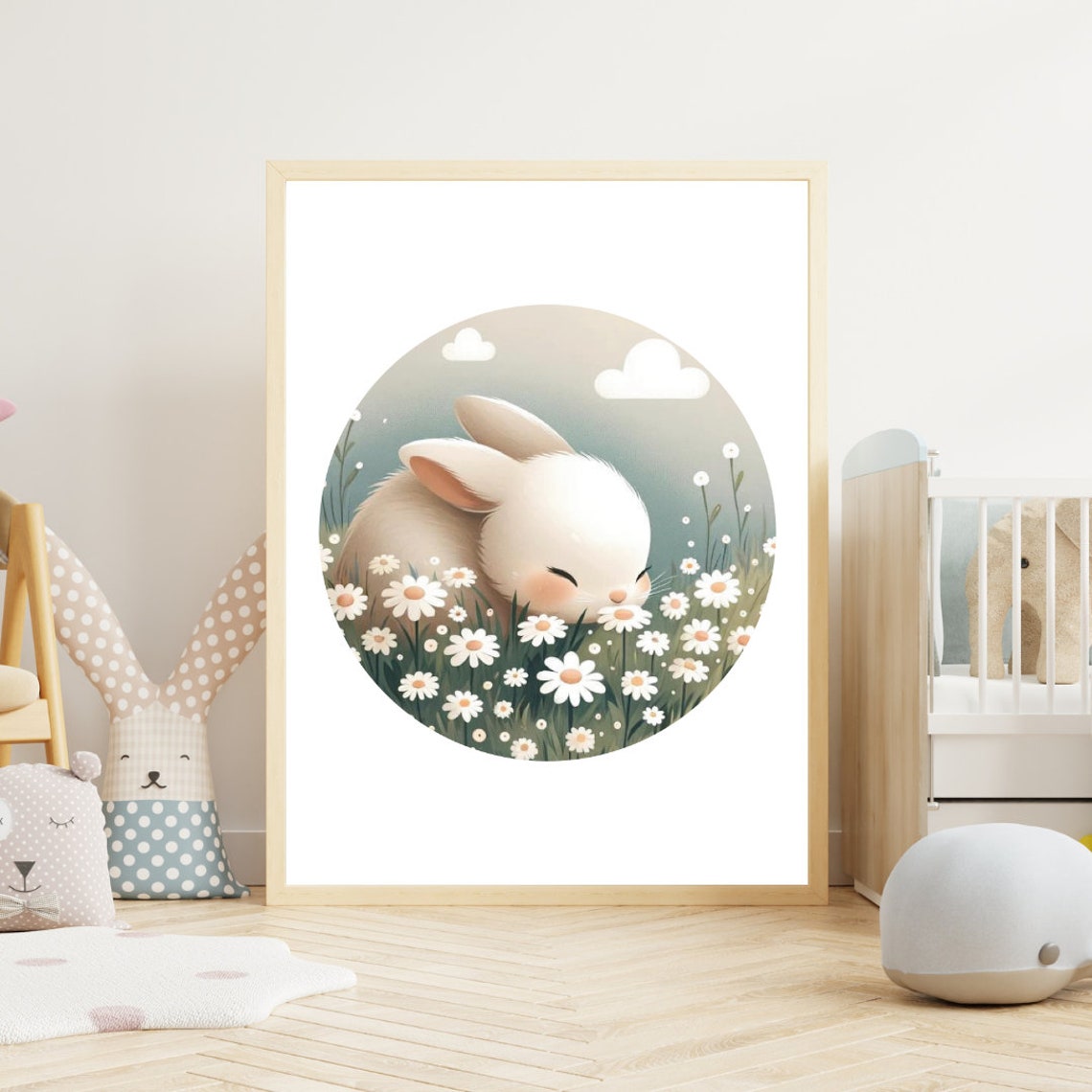 Adorable White Bunny Sniffing Daisies Spring Nursery Wall Poster - Image 5