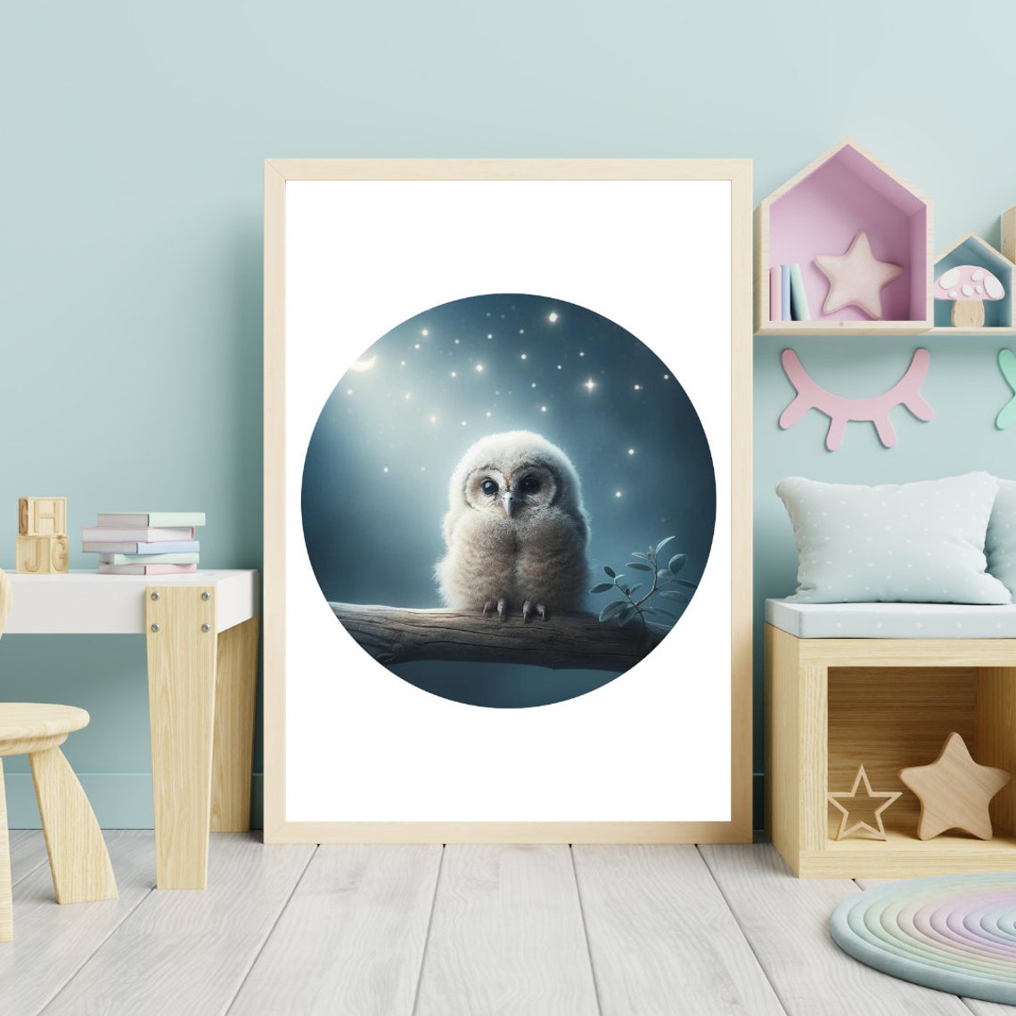 Baby Owl Starry Night Moonlit Branch Soft Blue Nursery Art Print - Image 5