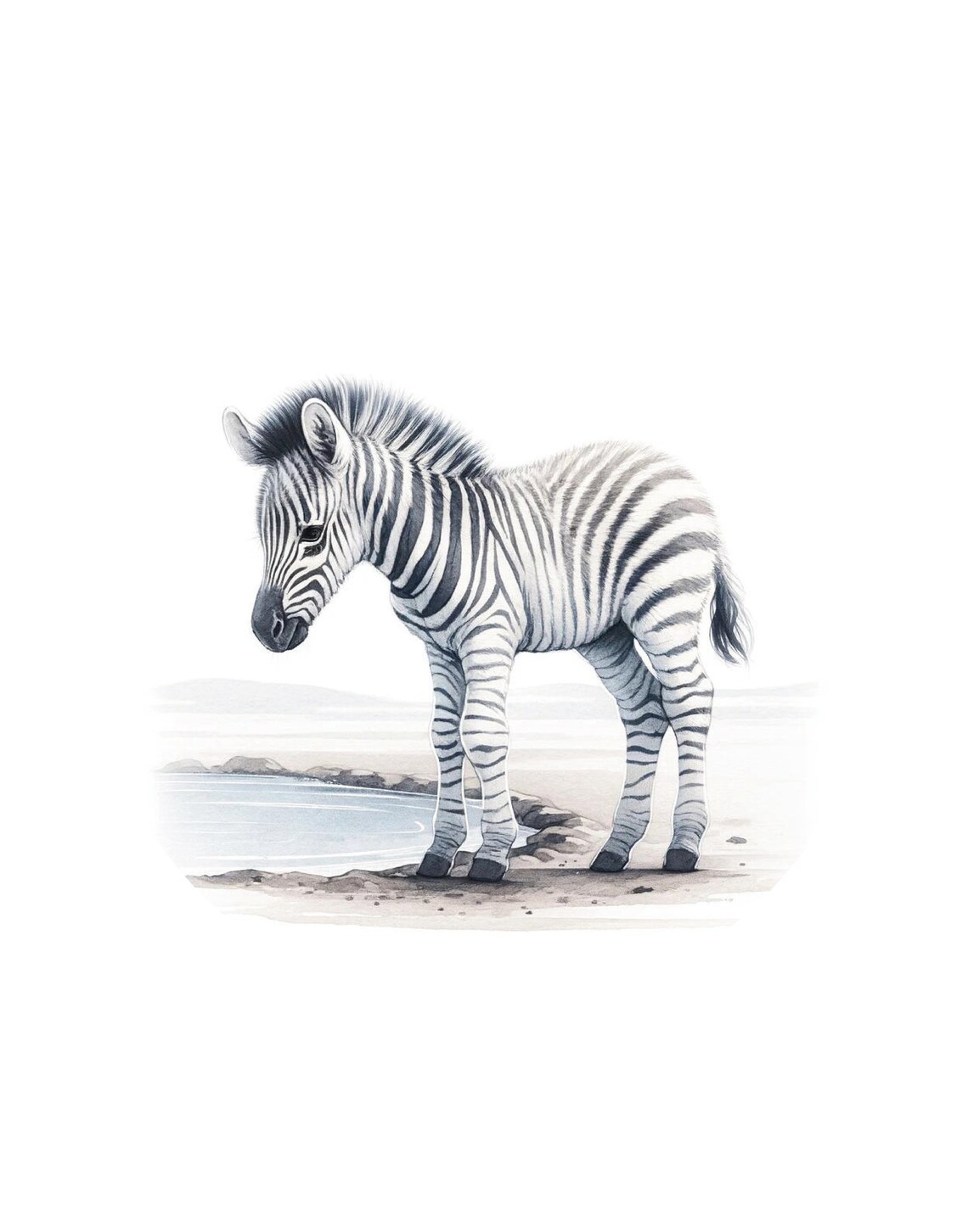 Baby Zebra Foal Waterhole Gentle Watercolor Safari Nursery Wall Art - Image 3