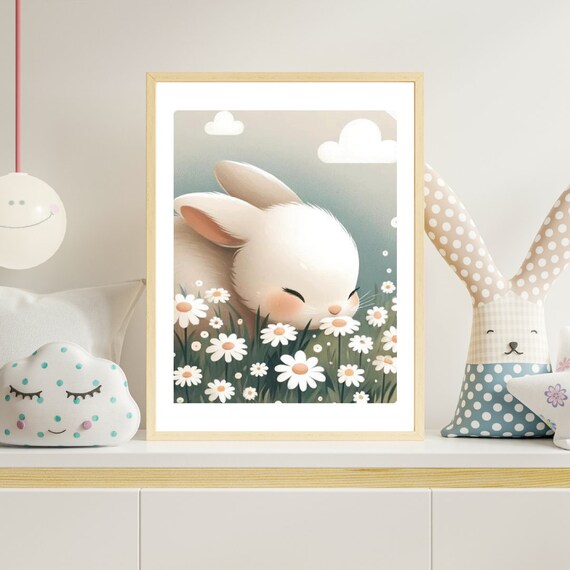 Adorable White Bunny Sniffing Daisies Spring Nursery Wall Poster