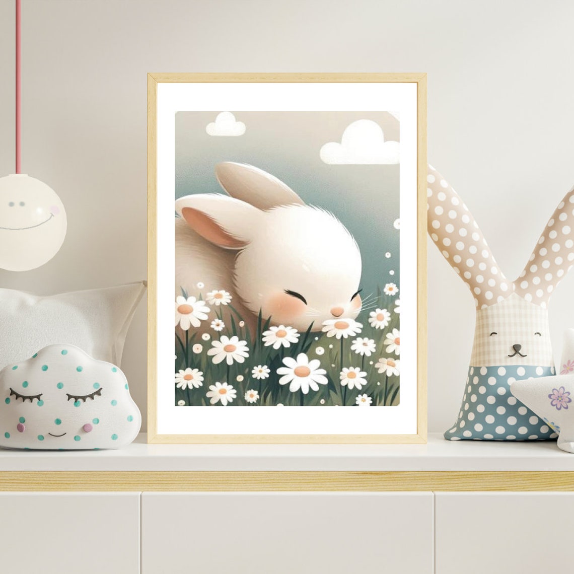 Adorable White Bunny Sniffing Daisies Spring Nursery Wall Poster