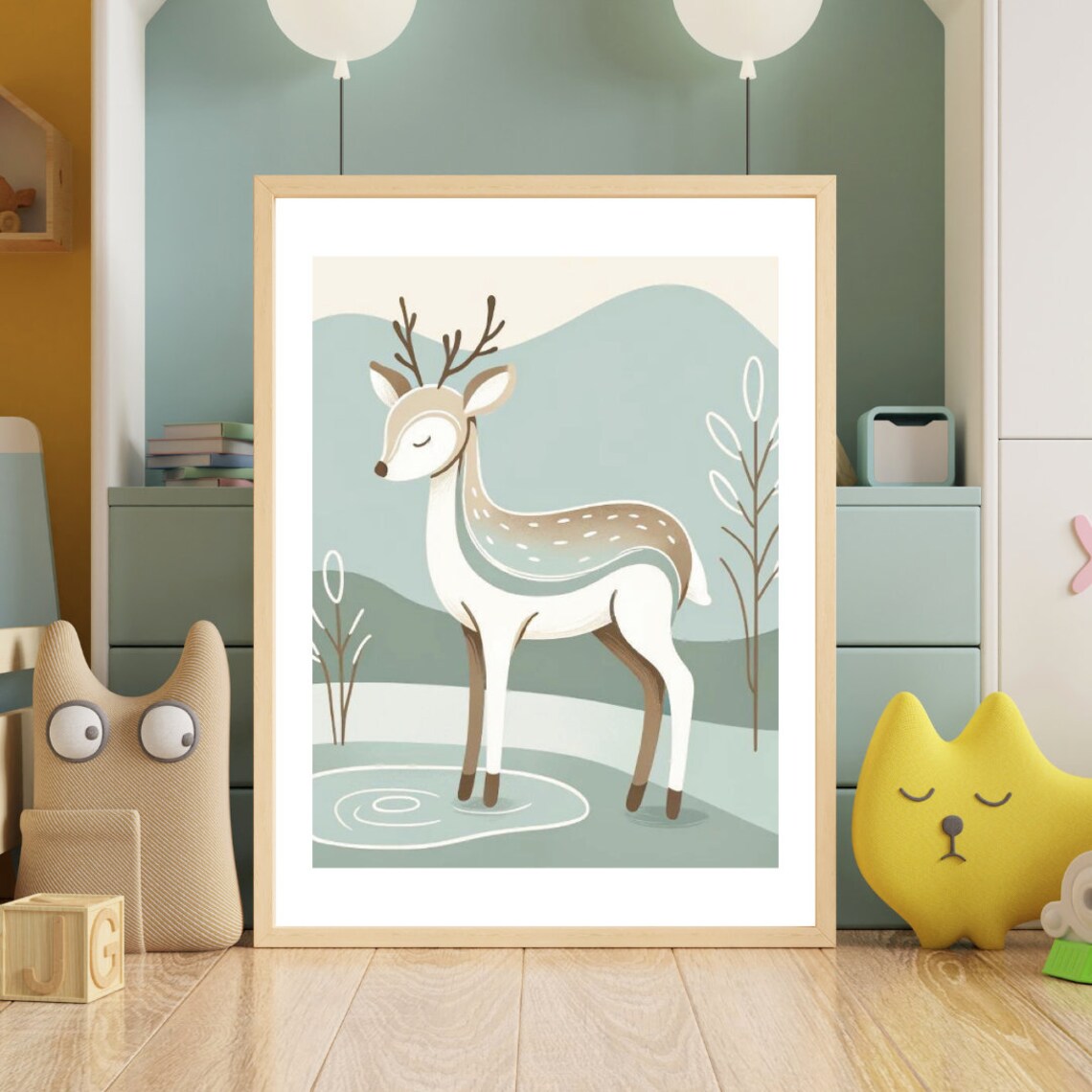 Stylized Deer Antlers Teal Landscape Illustration Modern Nursery Poster - Image 2