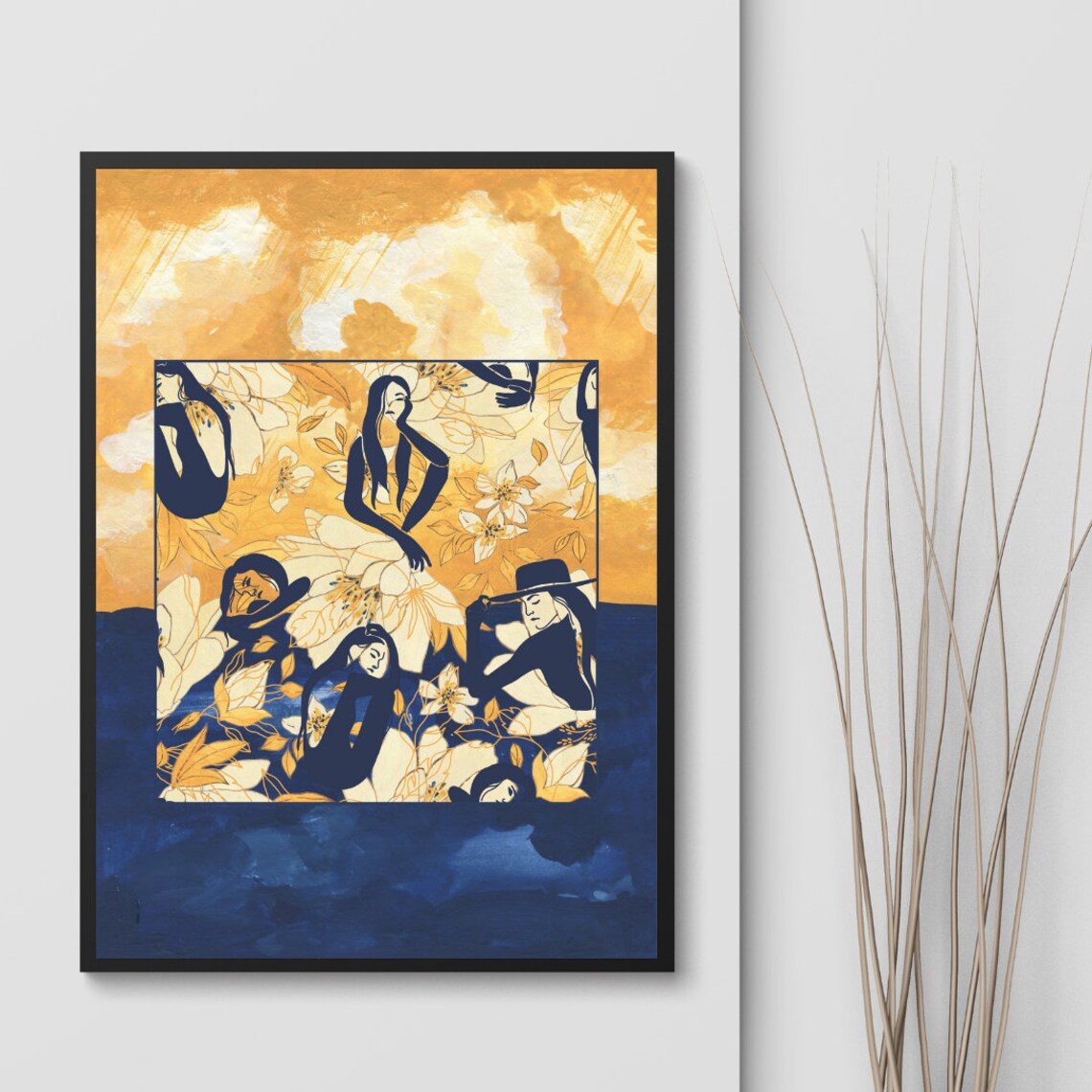 Elegant Navy And Gold Women Among Golden Blooms Contemporary Art Print - Image 4