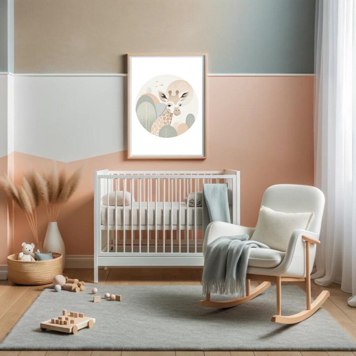 Baby Giraffe Safari Circle Soft Neutral Tones Nursery Illustration Print - Image 2