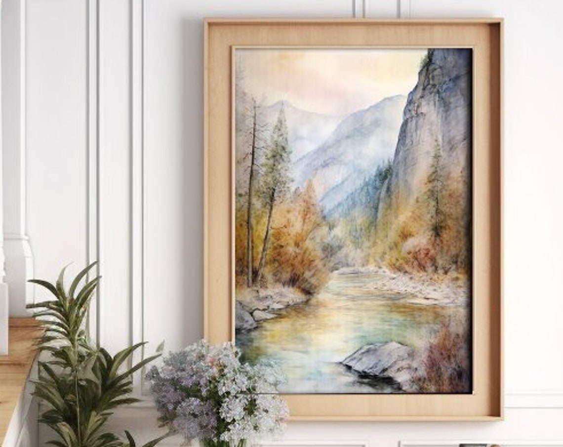 Misty Mountain River Valley Autumn Watercolor Landscape Poster