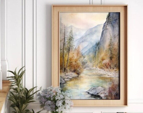 Yosemite National Park Watercolor Painting Yosemite National Park Art Mountain Print Landscape Watercolor Yosemite Wall Art River