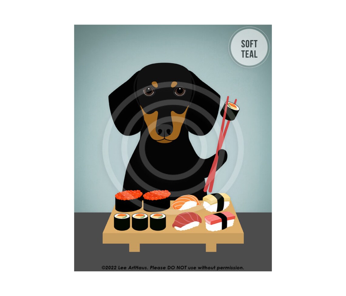Black And Tan Dachshund Eating Sushi With Chopsticks Dog Art Poster - Image 4