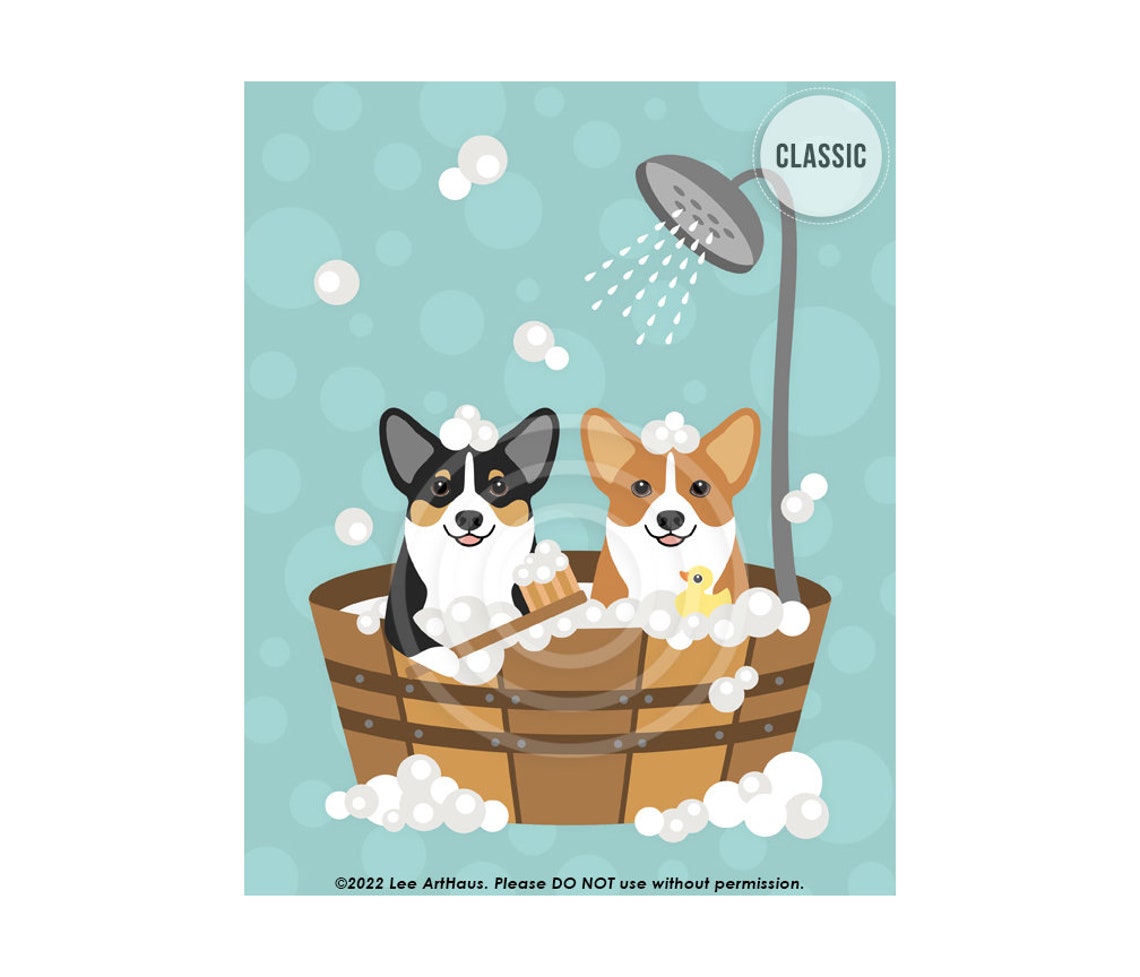 Two Corgis in Wooden Bucket Bubble Bath With Duck Funny Poster