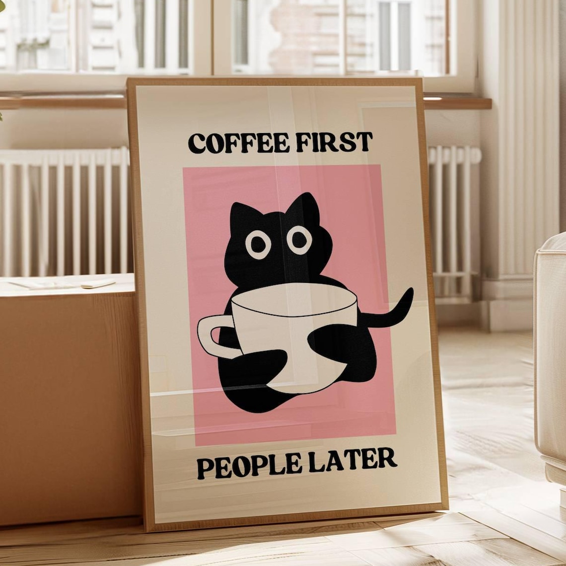 Coffee First People Later Black Cat Giant Coffee Cup Pastel Pink Poster