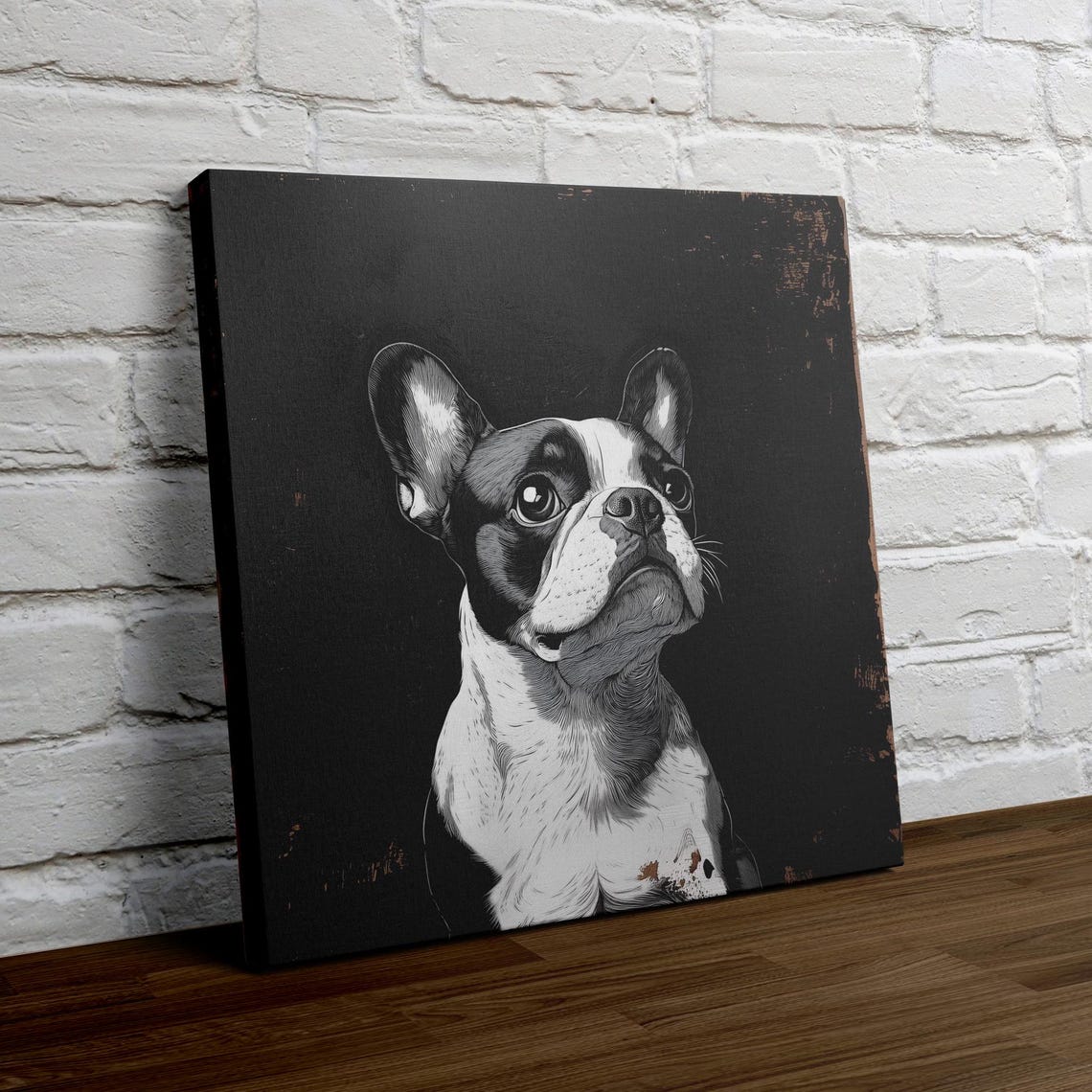 Boston Terrier Sketch Portrait Black and White Rustic Poster - Image 4